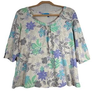 Fresh Produce Shirt Size Large Blue Floral Ruffle Scoop Neck Boho Resort Coastal